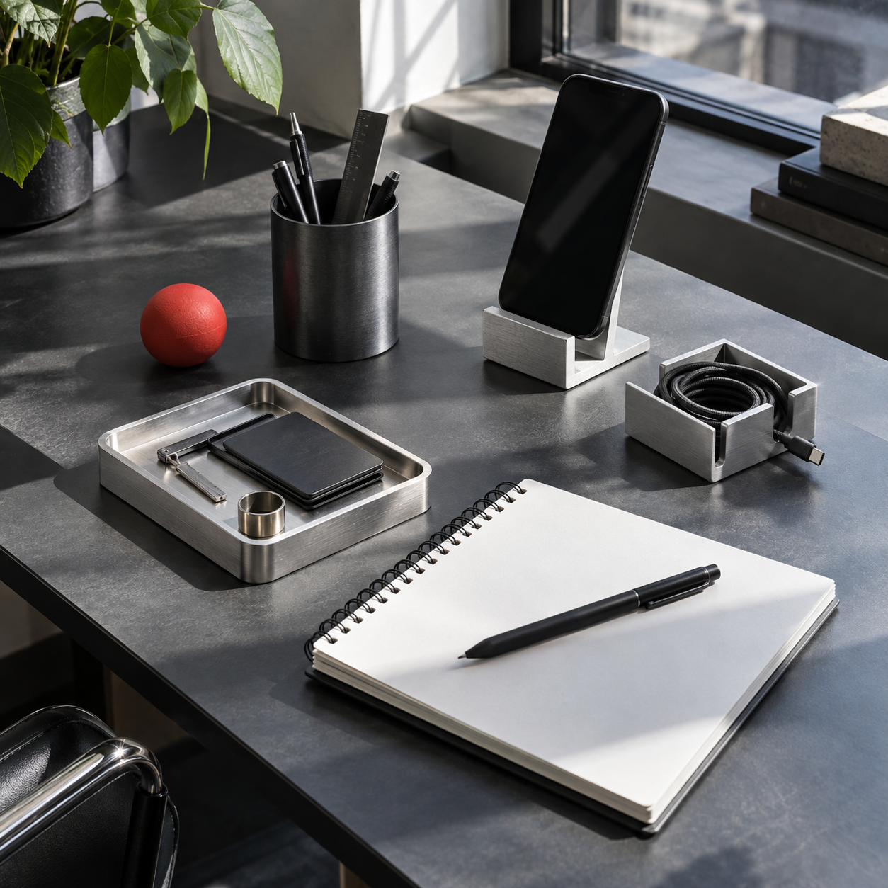Rivetday objects arranged on a working architect desk